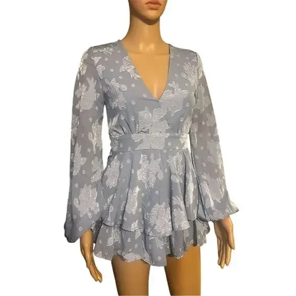 Mi Ami Women's XS Blue Floral Long Sleeve Romper V-Neck - Picture 4 of 7
